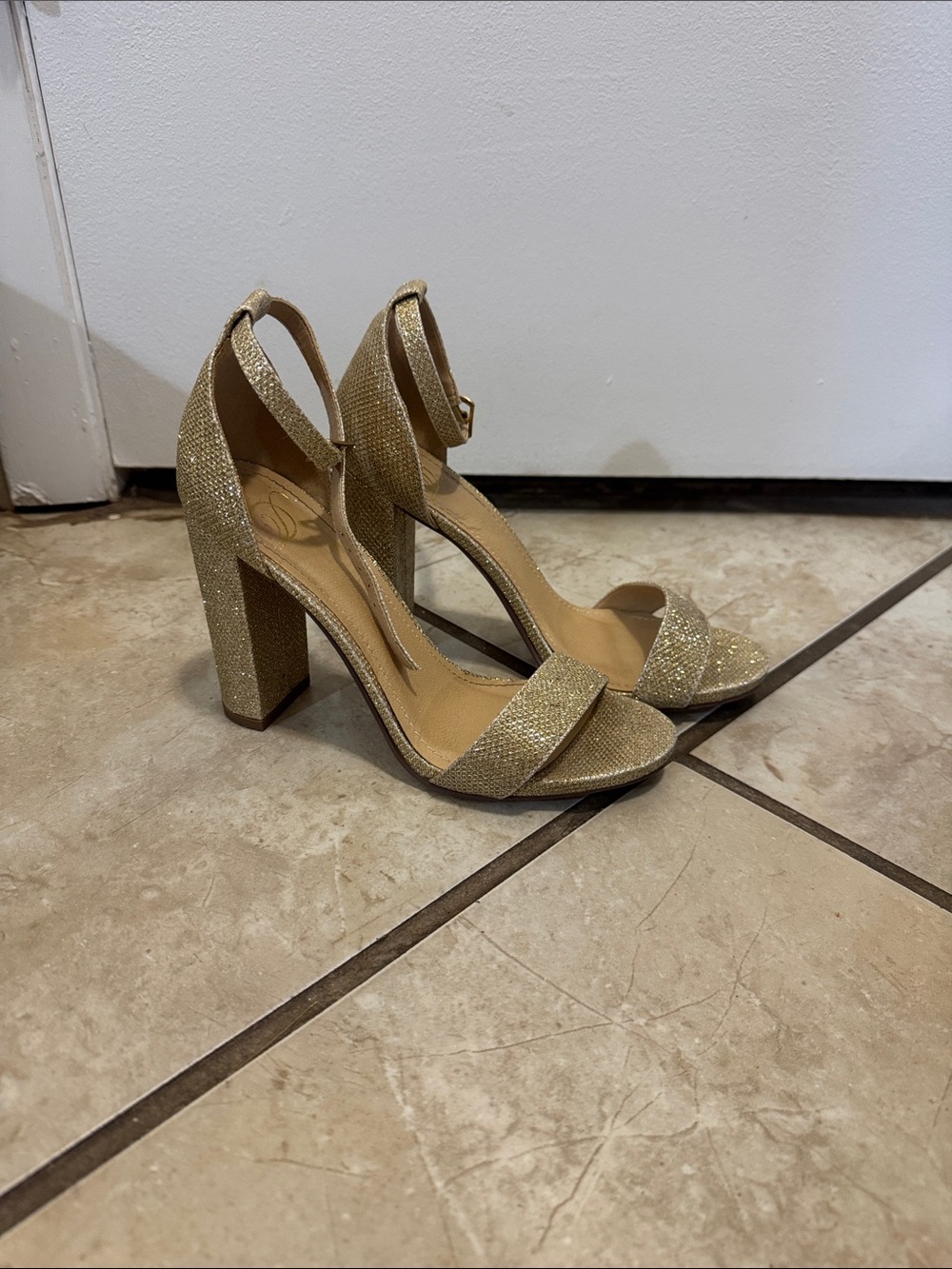 Gold Glitter Block Heel Sandals with Ankle Strap